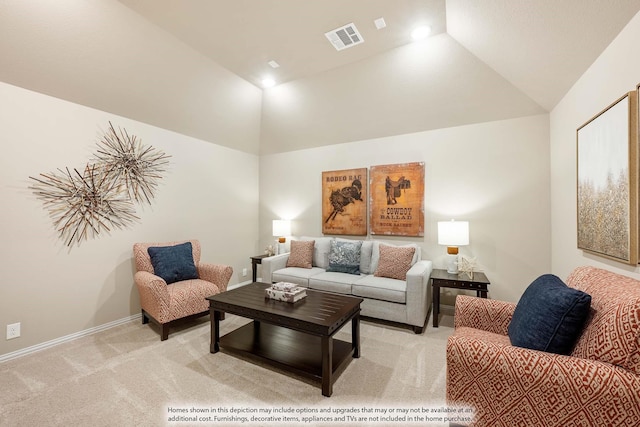 living room with light carpet and vaulted ceiling