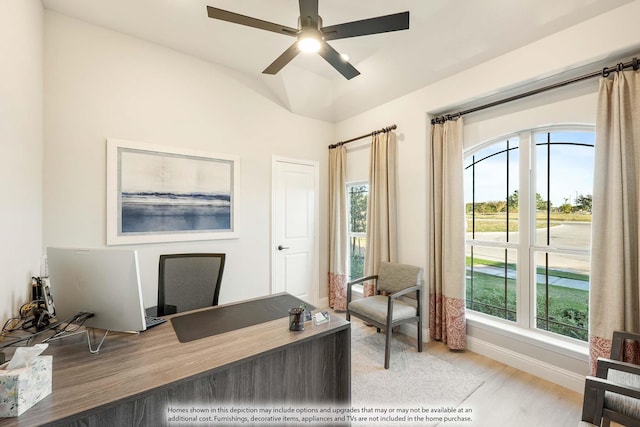 office with ceiling fan, light wood-type flooring, and plenty of natural light