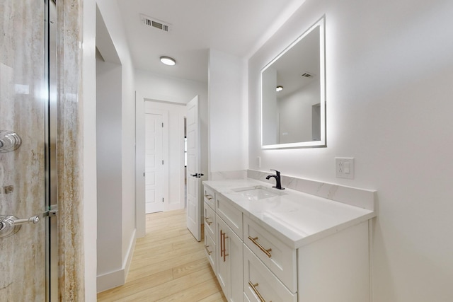 bathroom with wood-type flooring and vanity