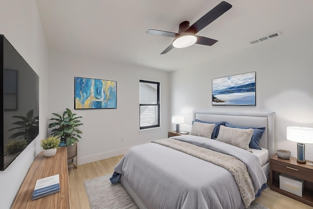 bedroom featuring ceiling fan and light hardwood / wood-style floors