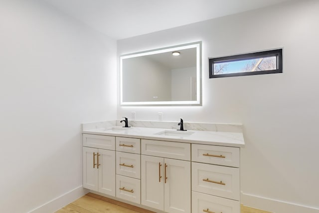 bathroom with wood-type flooring and vanity