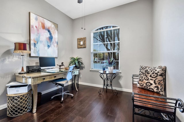 office area with dark hardwood / wood-style floors and ceiling fan