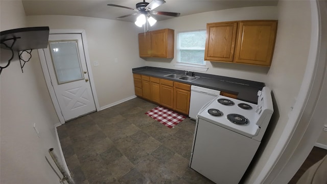 kitchen with ceiling fan, sink, and white appliances