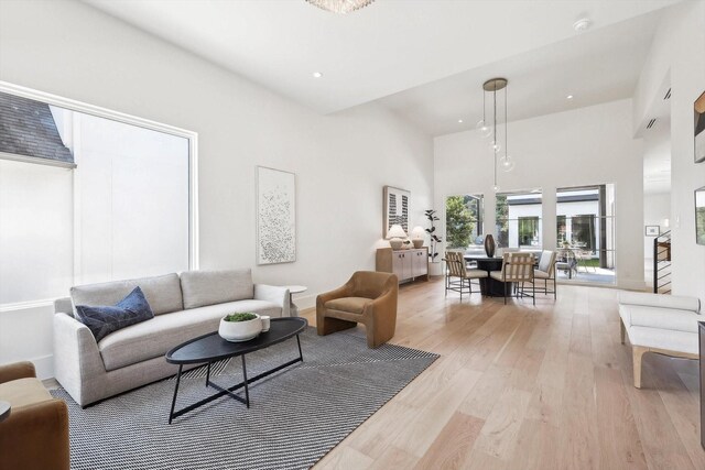 living room featuring a high ceiling and light wood-type flooring