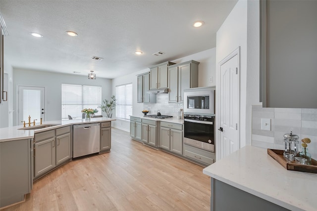 kitchen featuring sink, gray cabinets, light hardwood / wood-style floors, decorative backsplash, and stainless steel appliances