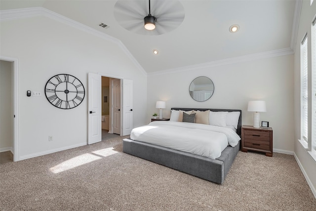 bedroom featuring vaulted ceiling, ceiling fan, and ornamental molding