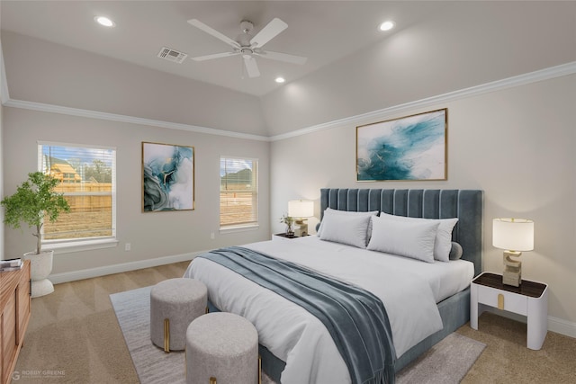 bedroom featuring ceiling fan, light colored carpet, and ornamental molding