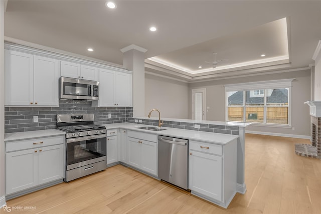 kitchen featuring appliances with stainless steel finishes, kitchen peninsula, a raised ceiling, and white cabinets