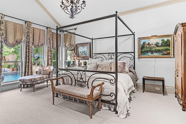 carpeted bedroom with vaulted ceiling