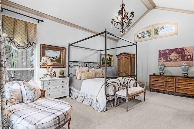 bedroom featuring a chandelier, ornamental molding, carpet floors, and lofted ceiling