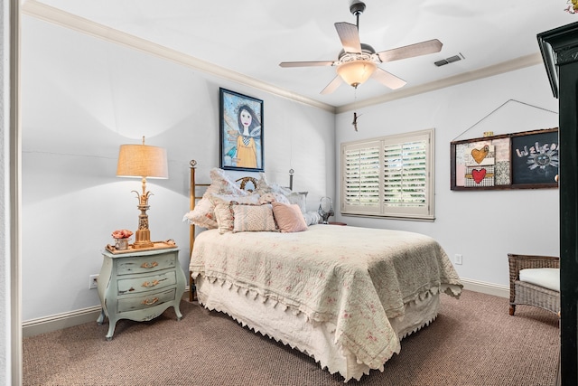 bedroom with crown molding, carpet, and ceiling fan