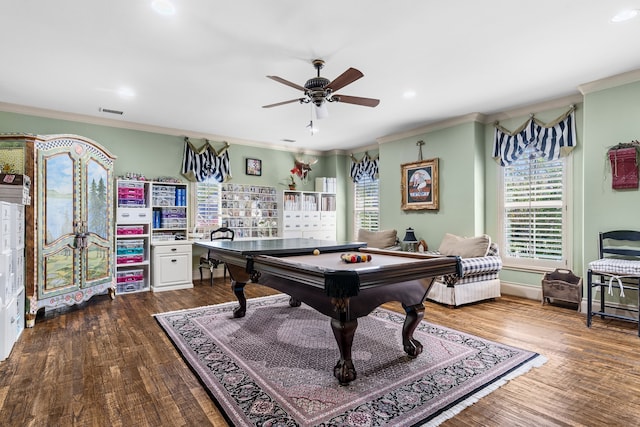 rec room with hardwood / wood-style floors, pool table, ceiling fan, and ornamental molding