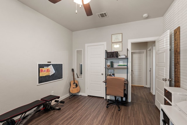 office area featuring ceiling fan and dark hardwood / wood-style floors