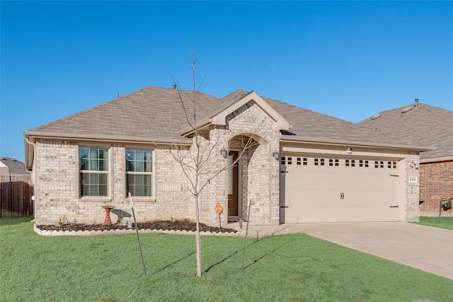 single story home with a front yard and a garage