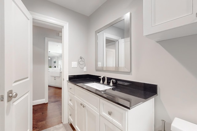 bathroom featuring hardwood / wood-style flooring and vanity