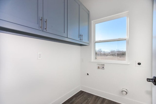 laundry room featuring washer hookup, cabinets, dark hardwood / wood-style flooring, and electric dryer hookup