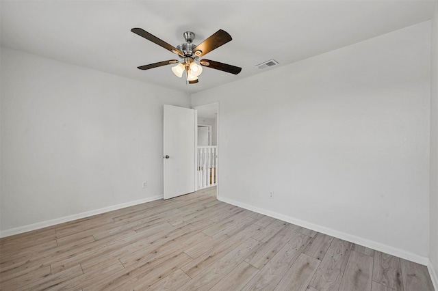 empty room featuring ceiling fan and light hardwood / wood-style floors