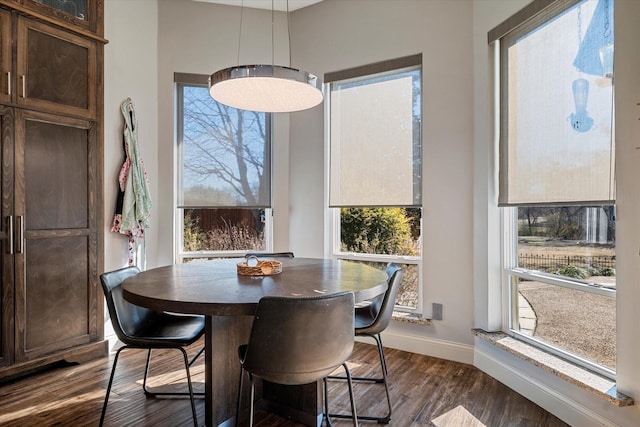 dining space with dark wood-style floors and baseboards