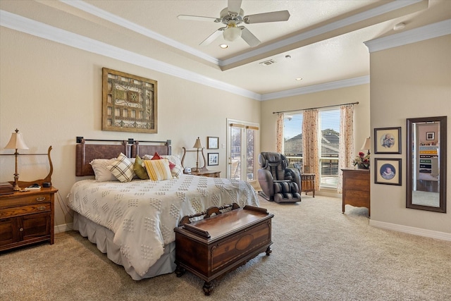 carpeted bedroom with a tray ceiling, access to exterior, crown molding, and ceiling fan