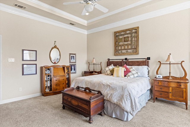 bedroom featuring ceiling fan, light colored carpet, and ornamental molding