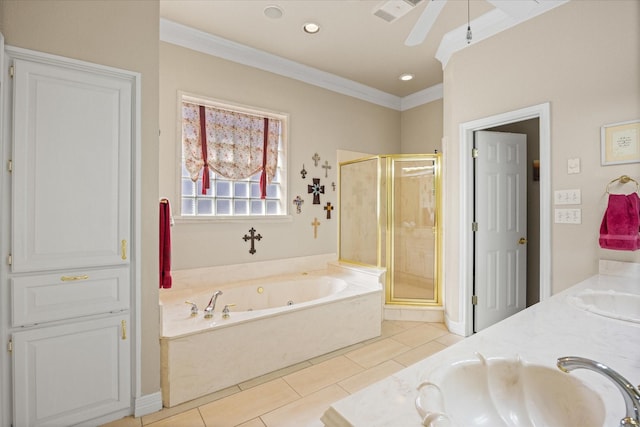 bathroom with tile patterned flooring, crown molding, and shower with separate bathtub