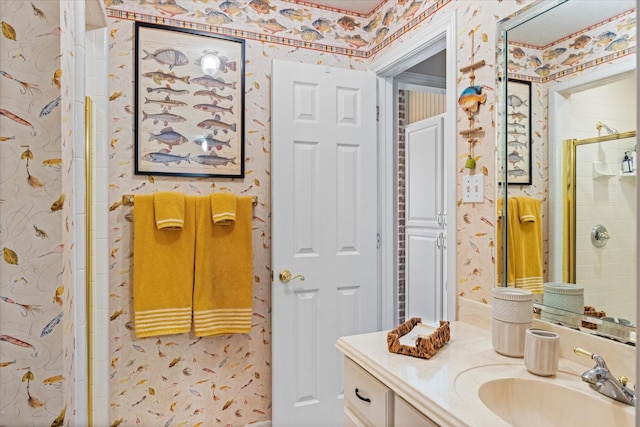 bathroom featuring vanity and walk in shower