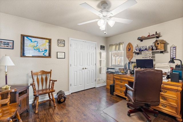 home office with a textured ceiling, dark hardwood / wood-style floors, and ceiling fan