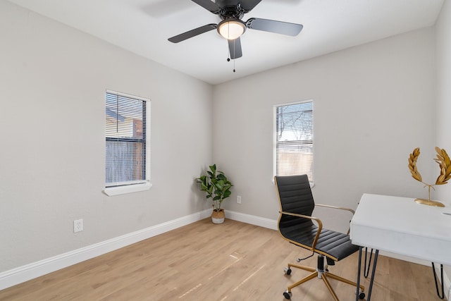 office featuring ceiling fan and light hardwood / wood-style flooring