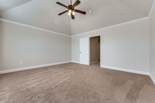 spare room with ceiling fan, high vaulted ceiling, crown molding, and carpet flooring