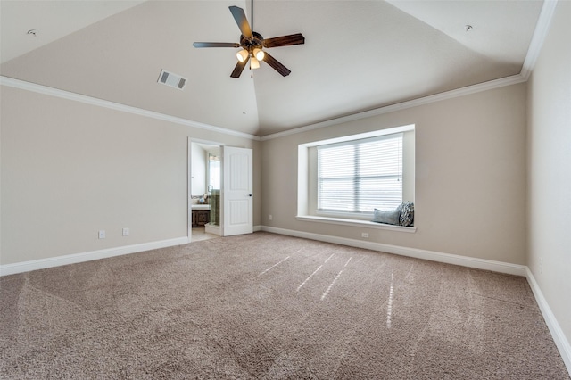 unfurnished bedroom featuring connected bathroom, high vaulted ceiling, carpet flooring, ceiling fan, and crown molding