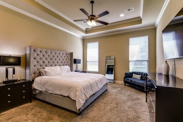 carpeted bedroom featuring ceiling fan, a raised ceiling, and crown molding