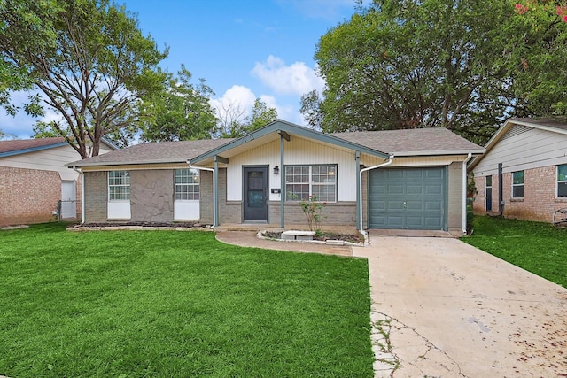 ranch-style house with a front yard and a garage