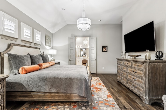 bedroom with an inviting chandelier, dark wood-type flooring, and lofted ceiling