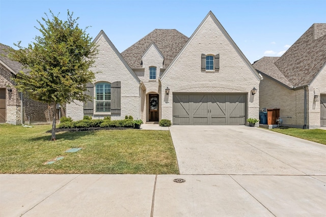 french country home with an attached garage, brick siding, driveway, and a front lawn