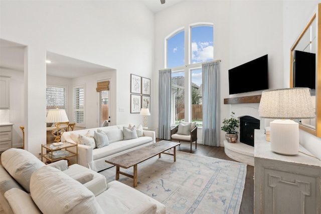 living room featuring a healthy amount of sunlight, a lit fireplace, a high ceiling, and wood finished floors