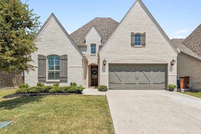 french country inspired facade with brick siding, a shingled roof, a front yard, a garage, and driveway