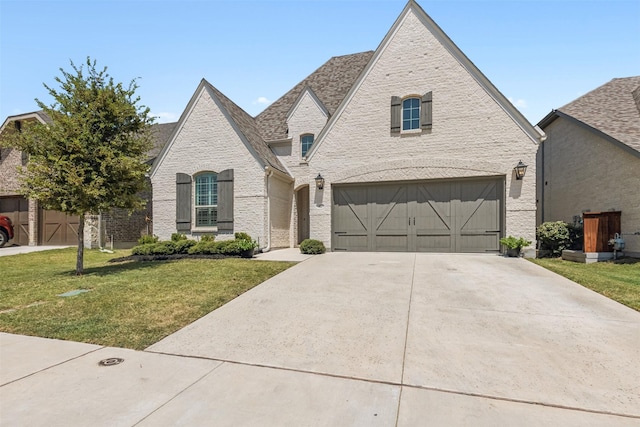 french country style house with an attached garage, concrete driveway, brick siding, and a front yard