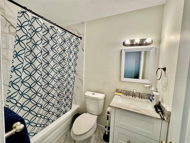 full bathroom featuring vanity, toilet, shower / bath combo, and a textured ceiling