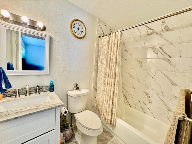 full bathroom with a textured ceiling, toilet, vanity, and shower / bathtub combination with curtain