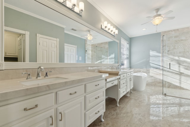 bathroom featuring ceiling fan, vanity, ornamental molding, and plus walk in shower