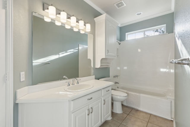 full bathroom featuring toilet, tile patterned flooring, ornamental molding, vanity, and  shower combination