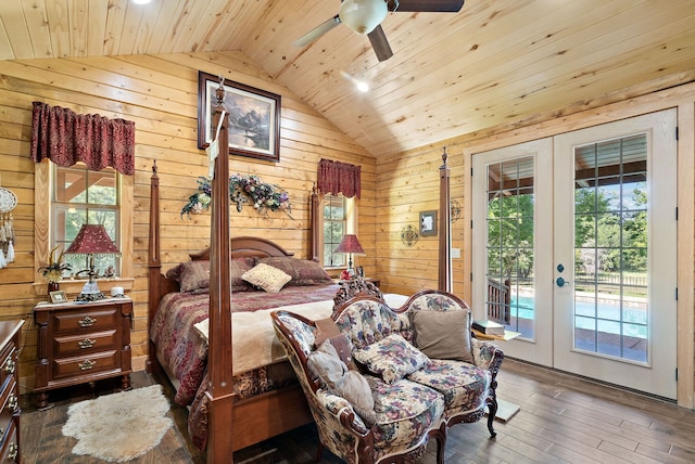 bedroom with wooden ceiling, wood-type flooring, french doors, access to exterior, and wood walls