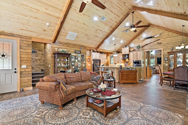 living room with wood walls, wooden ceiling, and dark hardwood / wood-style flooring