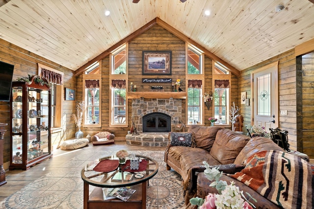 living room with wood ceiling, wood walls, plenty of natural light, and a fireplace