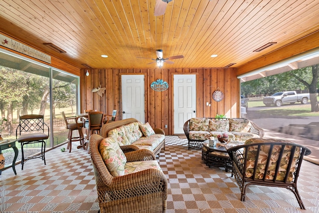 sunroom / solarium featuring ceiling fan and wooden ceiling