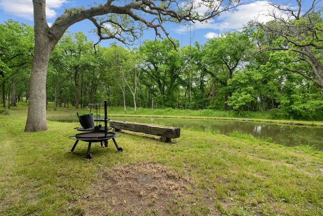 view of community featuring a water view and a yard