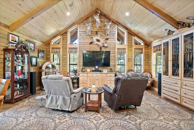 living room with high vaulted ceiling, beam ceiling, wood walls, and wood ceiling