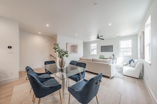 dining area with light hardwood / wood-style floors and ceiling fan