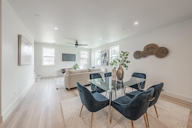 dining area with ceiling fan, plenty of natural light, and light wood-type flooring