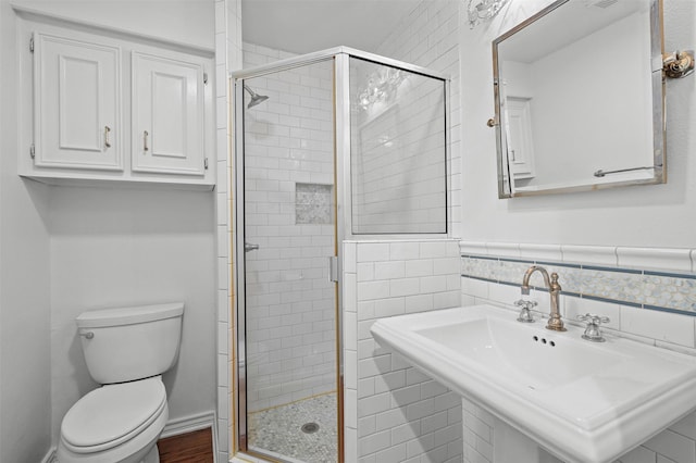 bathroom with sink, toilet, and walk in shower